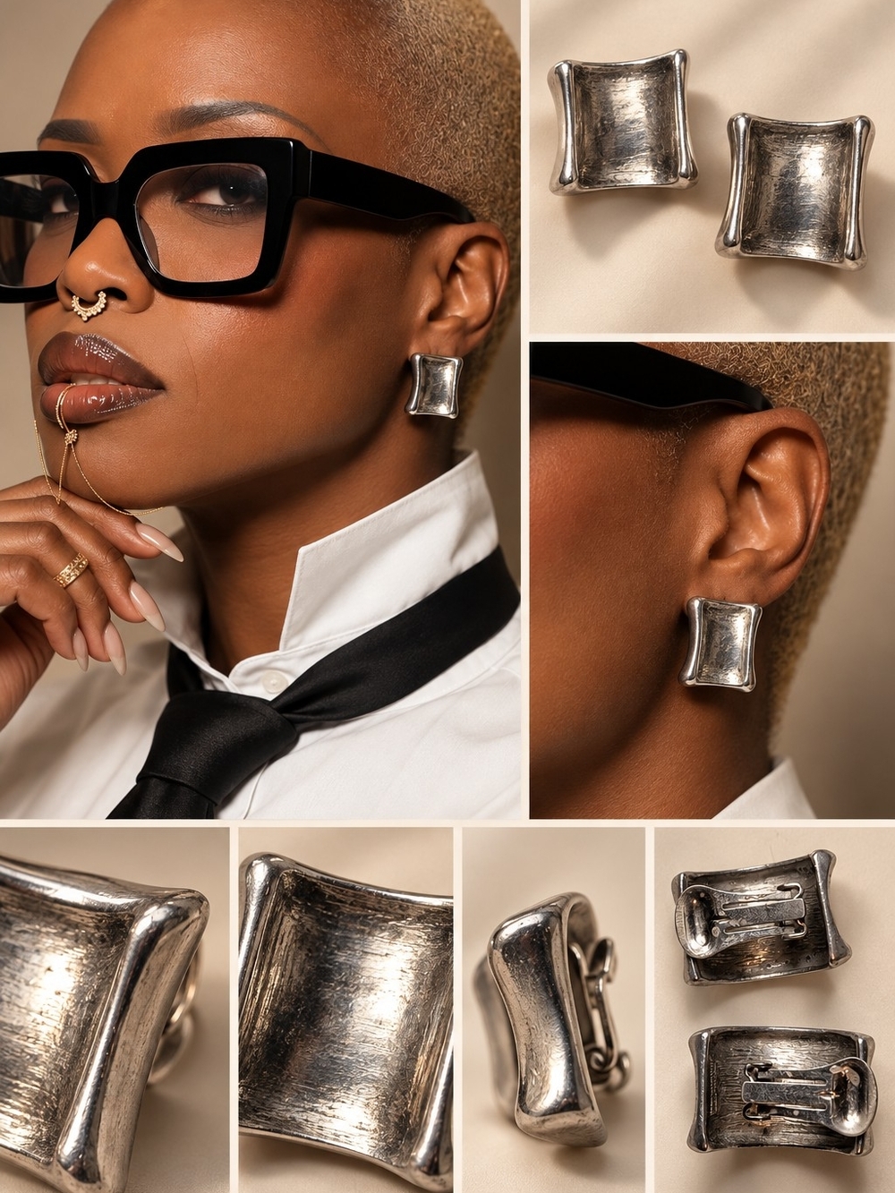 Silver Square Vintage-Style Clip-On Earrings - Women's Fashion Accessory